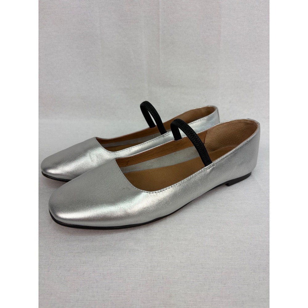 Madewell Greta Mary Jane Flat Metallic Silver Leather Ballet Size 6 Square Toe